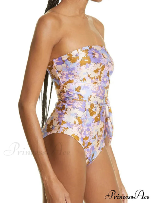 Violet Golden Blossom Pattern Enveloped Bodice Single Piece onepiece-250223