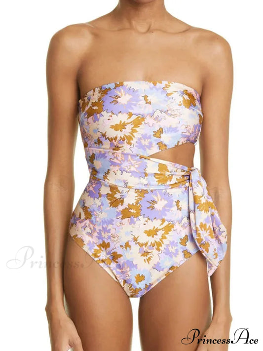 Violet Golden Blossom Pattern Enveloped Bodice Single Piece PURPLE / S onepiece-250223