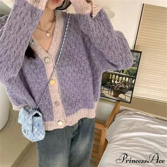 Violet Patchwork Baggy Soft V-Neck Knitted Cardigan Purple / One Size cardiagn-250126