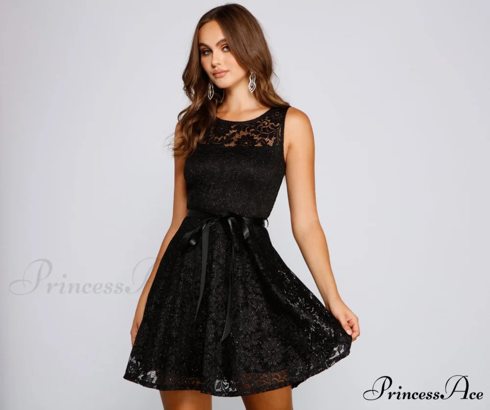 Violetta Formal Glitter Charming And Lace Party Dress BLACK / XS