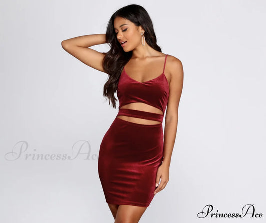 Visions Of Stylish Velvet Mini Dress BURGUNDY / XS