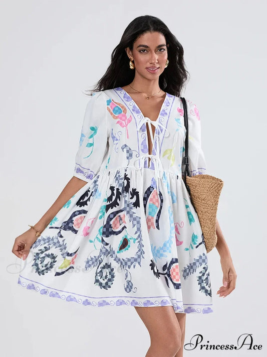 Voluminous Sleeve Knot A-Line Short Floral Dress WHITE1 / S floraldress-250126