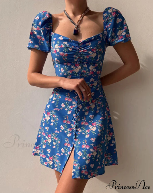Waist Arm A-Line Puff Women’s V-Neck High Flowered Dress S / BLUE
