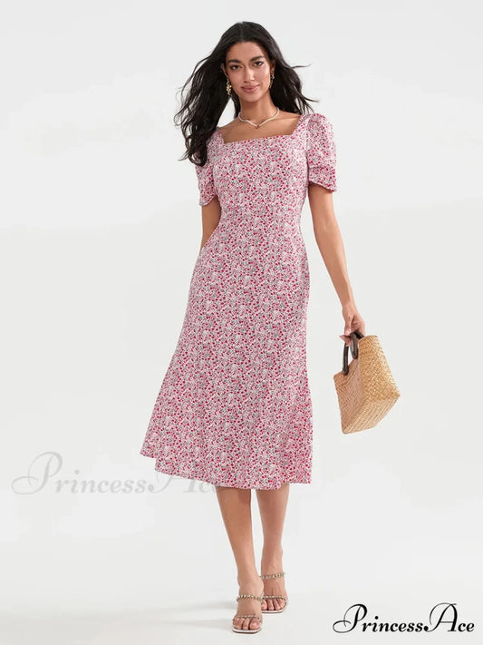Warm Blossoming Midi Puff Sleeve A-Line Floral Dress PINK / S floraldress-250126