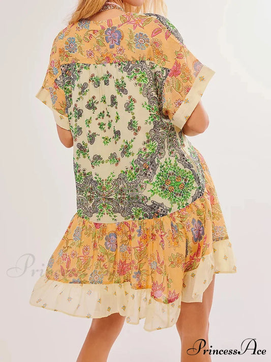 Warm Bohemian Babydoll Flower Pattern V-Neck Dress oldfloraldress-250126