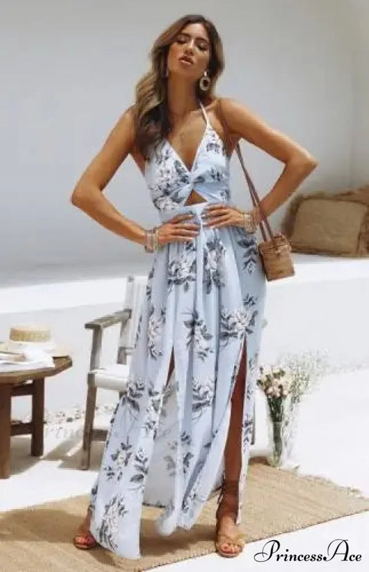Warm Bohemian Long Halter Flower Dress Blue / S floraldress-250126