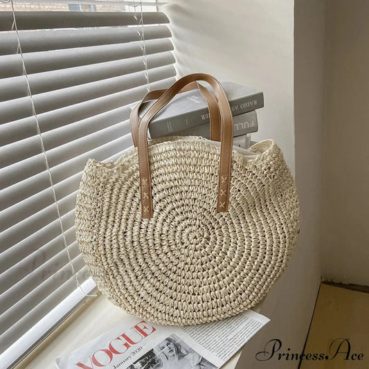 Warm Circular Straw Shoulder Bag for Women Beige / 43x2x38cm shoulder-250126