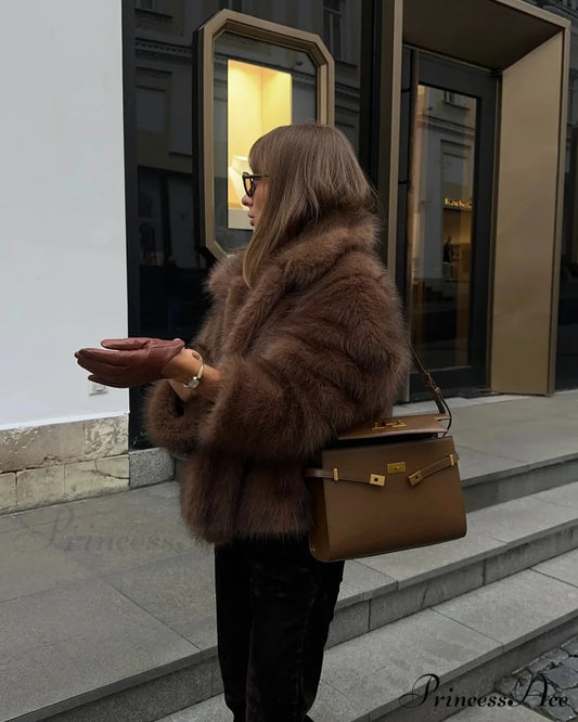Warm Faux Fur Lapel Coat Brown / S