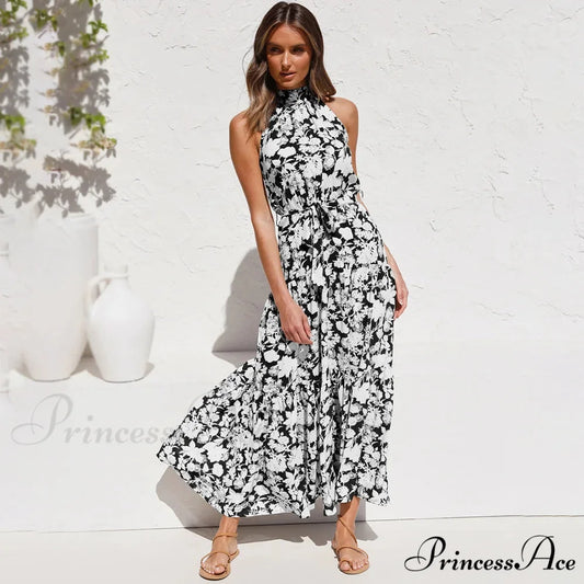 Warm Flower Pattern Halter Neck Seaside Flower Dress oldfloraldress-250126