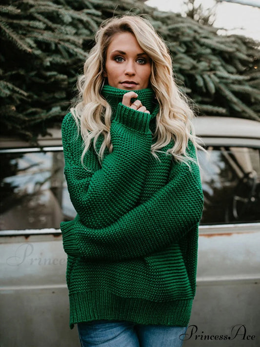 Warm Knitted Oversized Turtleneck Sweater Green / S