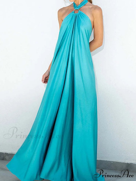 Warm-Season Party Tie-up Halter - Off Shoulder Casual Gown Backless Fashion Coastal Bandage with Long Women’s Robe Blue