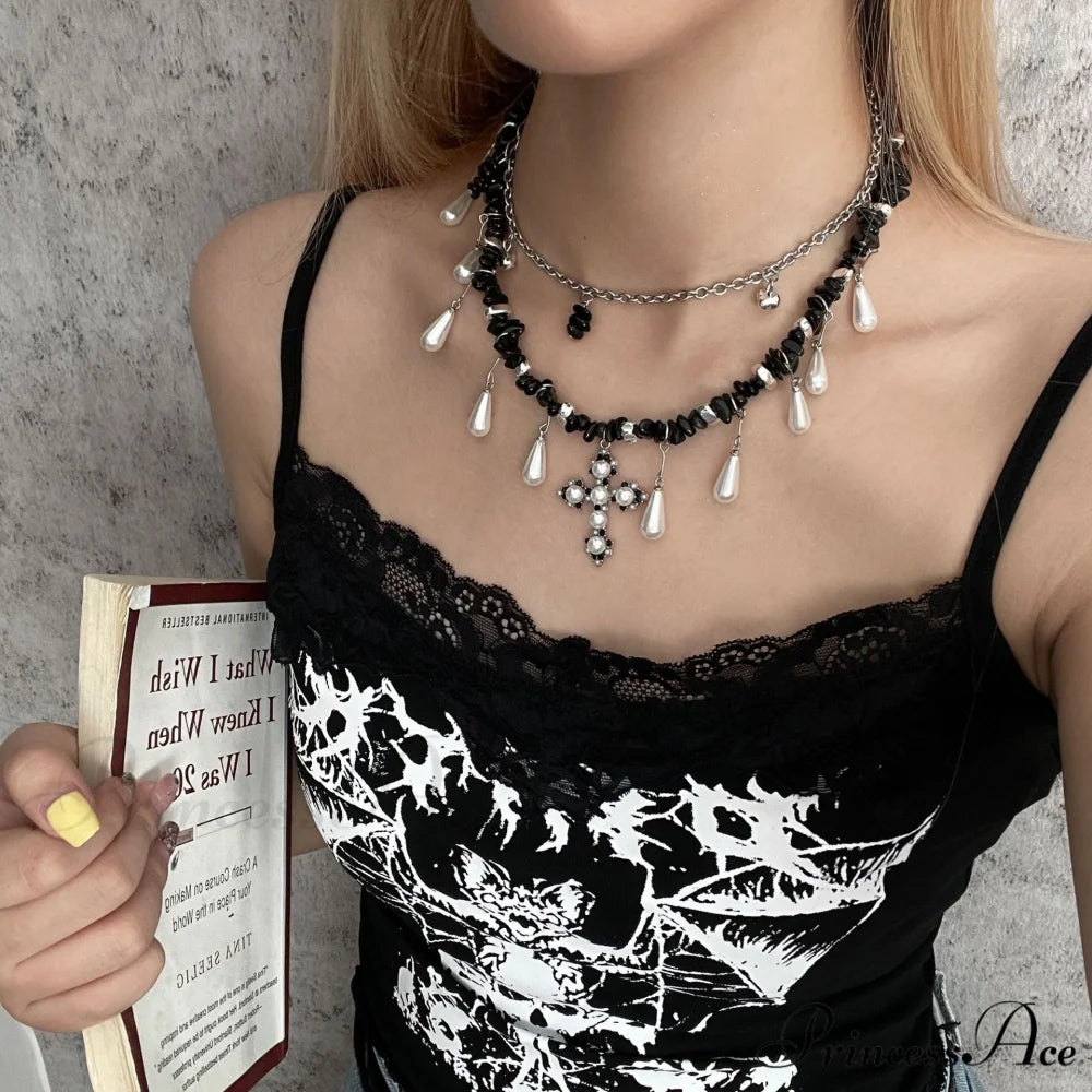 Water Drop Pearl Irregular Beaded Cross Necklace BLACK