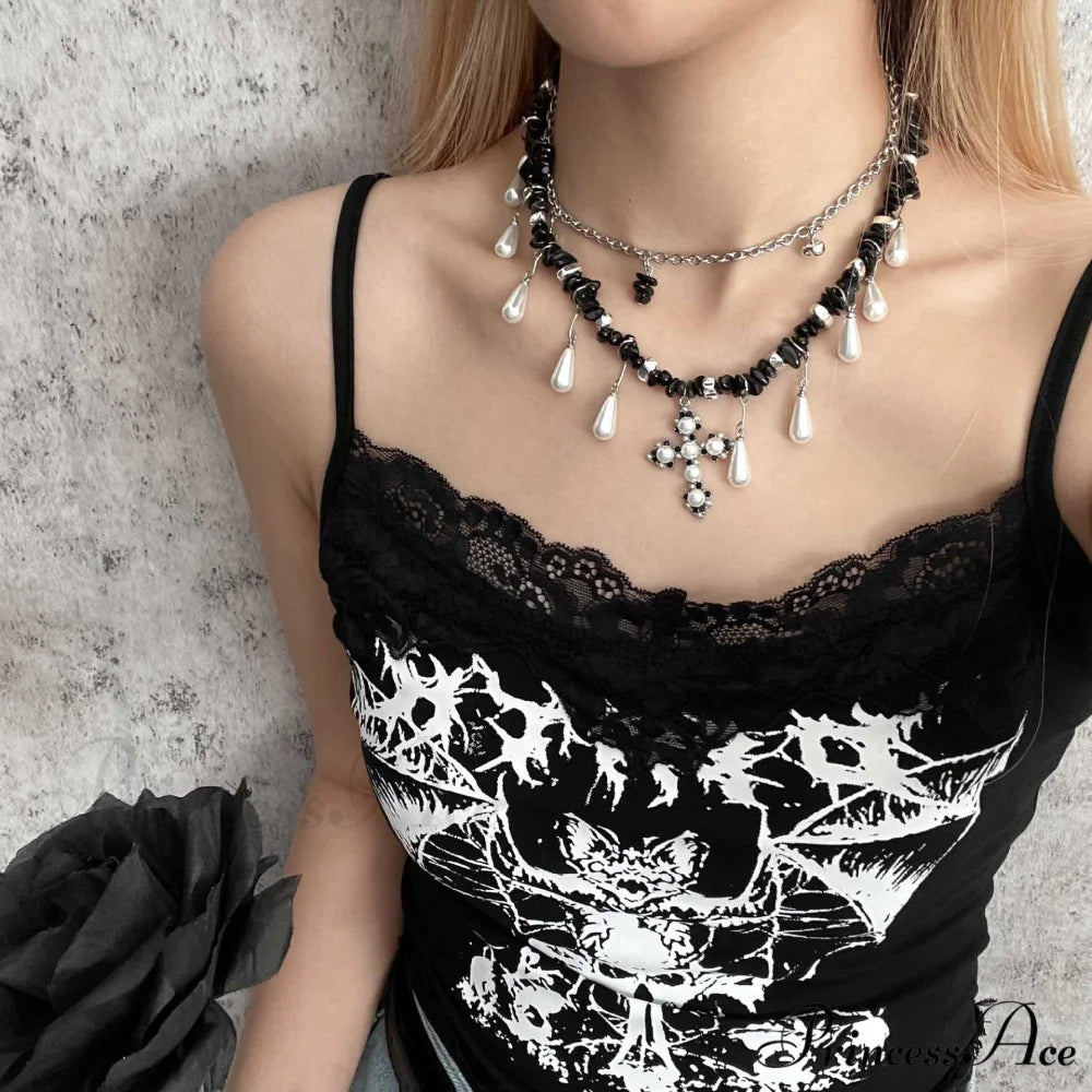 Water Drop Pearl Irregular Beaded Cross Necklace BLACK