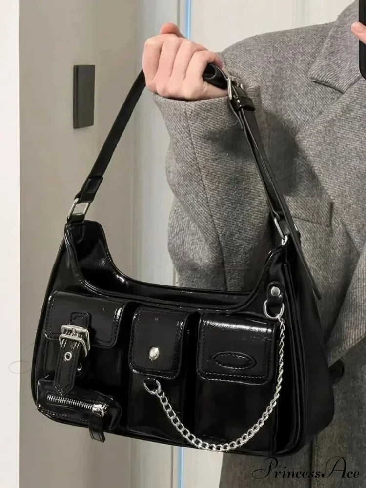 Wealthy Punk Chain Crossbody Shoulder Bag Black shoulder-250126