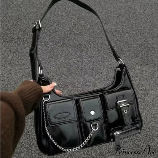 Wealthy Punk Chain Crossbody Shoulder Bag Black shoulder-250126