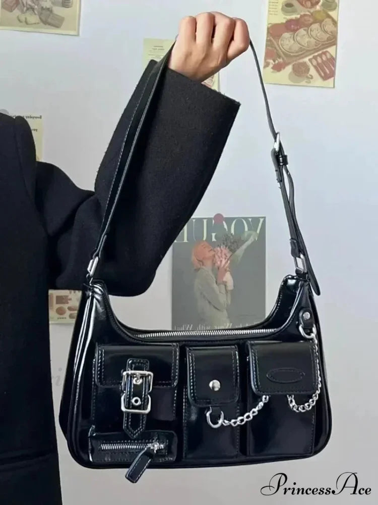 Wealthy Punk Chain Crossbody Shoulder Bag Black shoulder-250126