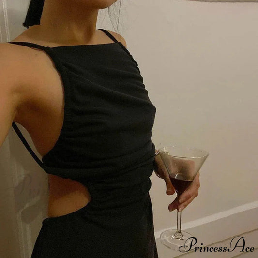 White Backless Hollow Out Bandage Spaghetti Strap Midi Dress Black / S