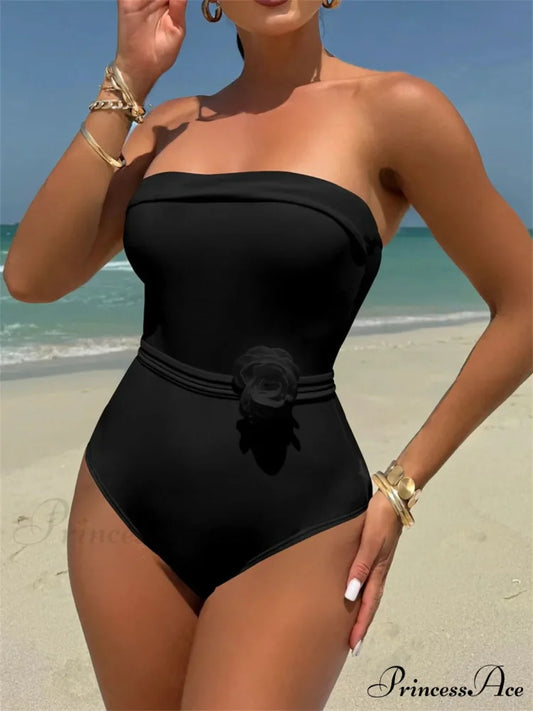 White Black 3D Blossom Single Unit Swimsuit Black / S onepiece-250223