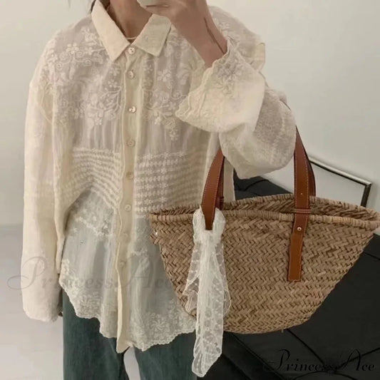 White Cotton Embroidered Lace Extended Sleeve Bohemian Seaside Blouse Creamy / One Size bohoblouse-250126