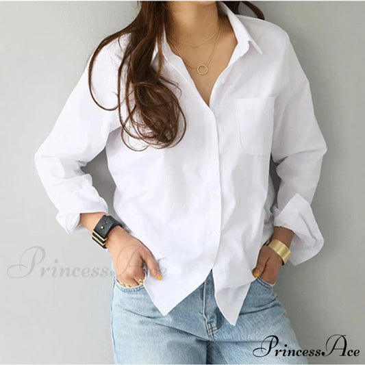 White Cotton Extended Sleeve Informal Women’s Top WHITE / S blouse-250126