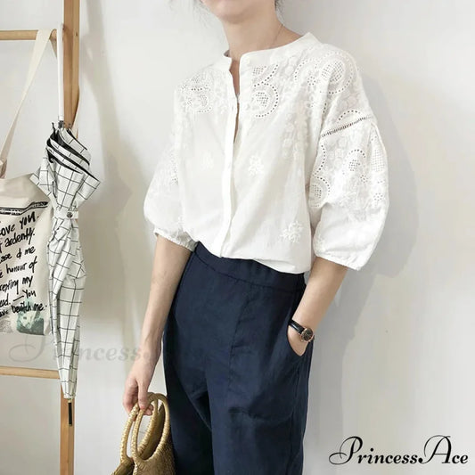 White Cotton Floral Embroidery Vintage Boho Summer Blouse Modified Title: Ivory Cotton Flower Stitching Retro Bohemian