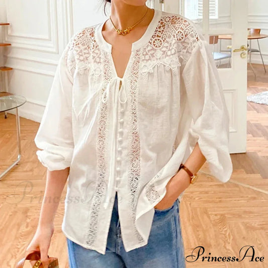 White Cotton Lace Lantern Sleeve Generous Boho Top White / S bohoblouse-250126