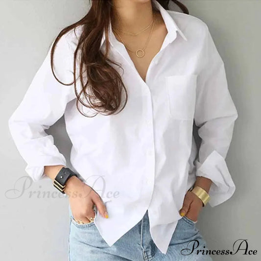 White Cotton Long Sleeve Button-up Shirt blouse-250126
