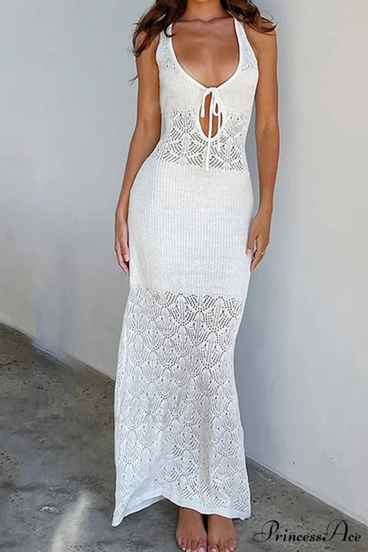 White Crochet Hollow Out Tank Dress with Tie-back White / XS