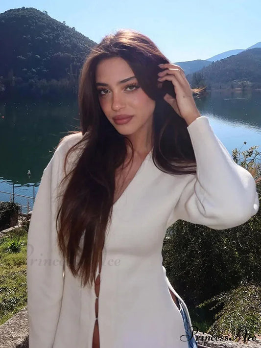 White Deep-neck Woolen Overcoat Top / S coats-241228