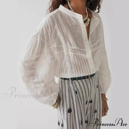 White Floral Embroidery Lace Extended Sleeve Boho Top bohoblouse-250126