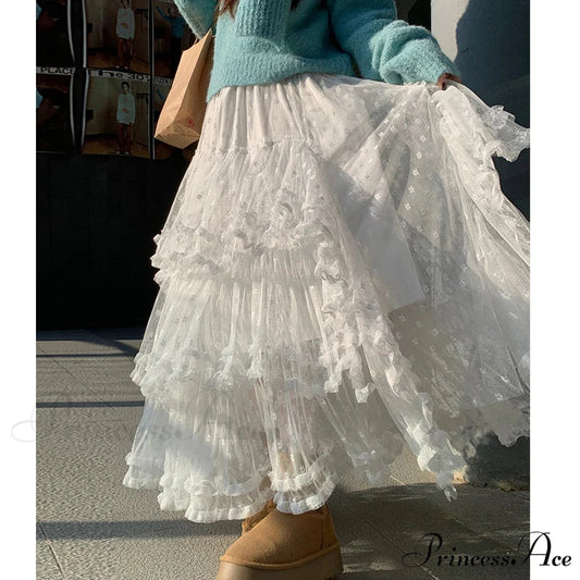 White Flowery Tulle Full-Length Skirt skirts-250223