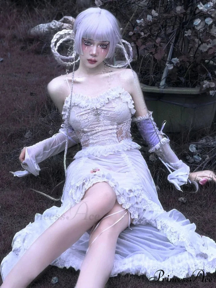 White Gothic Rope Lace Flying Sleeve Stiletto Strap Asymmetric Light Lolita Summer Party Evening Dress