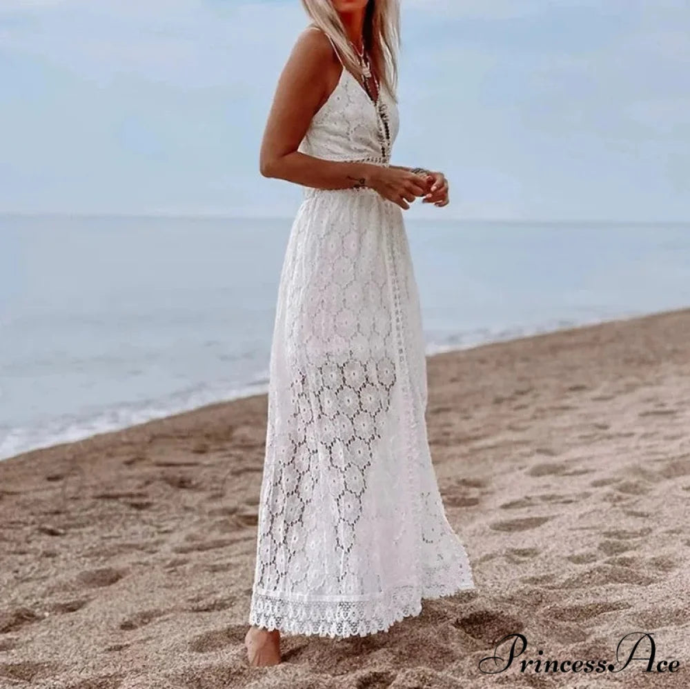 White Hollow Out Lace Strapless Seductive Split Midi Boho Dress bohodress-250126