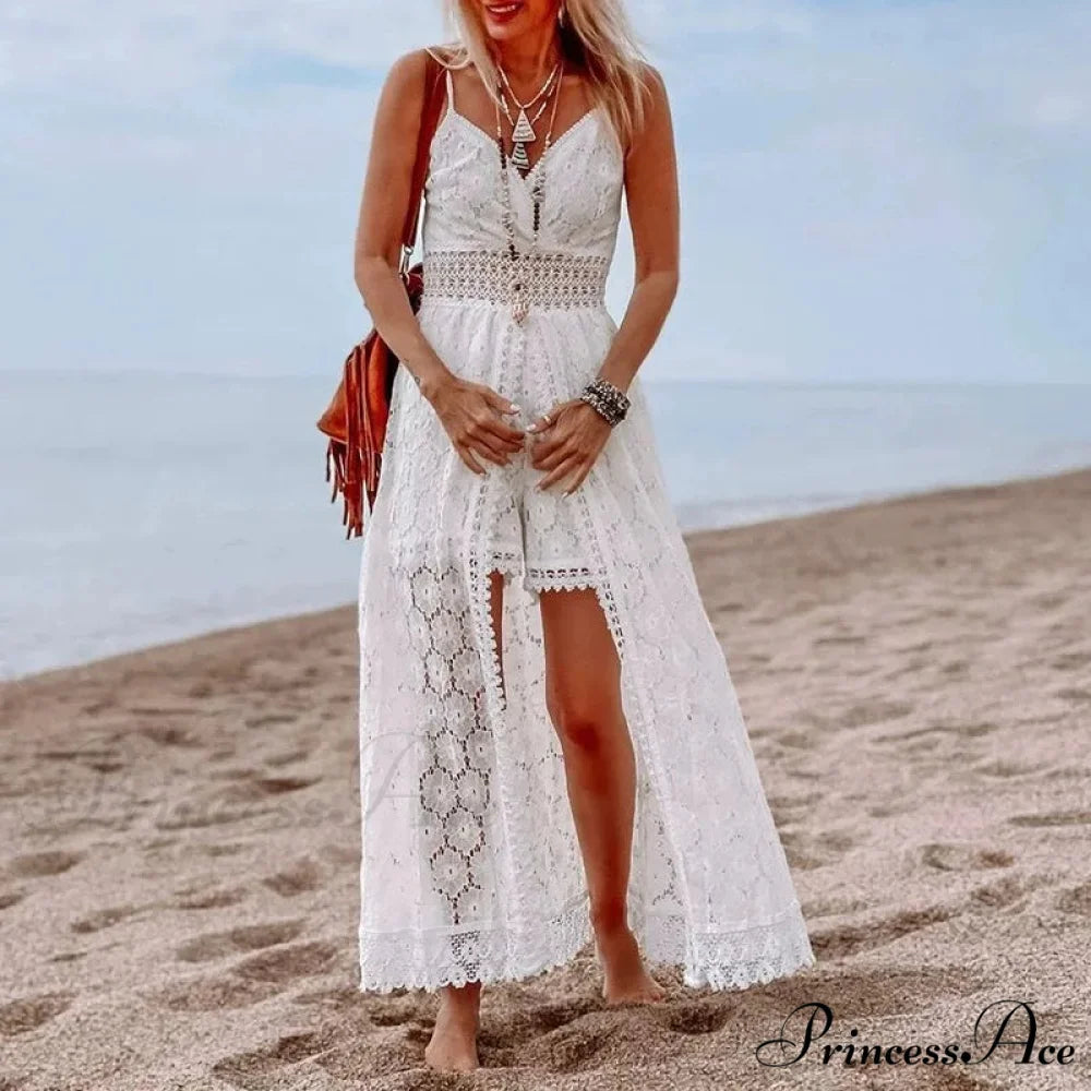 White Hollow Out Lace Strapless Seductive Split Midi Boho Dress bohodress-250126