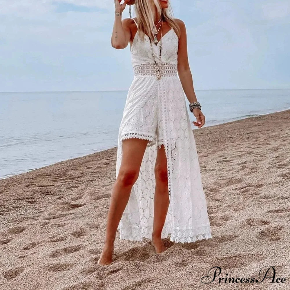 White Hollow Out Lace Strapless Seductive Split Midi Boho Dress bohodress-250126