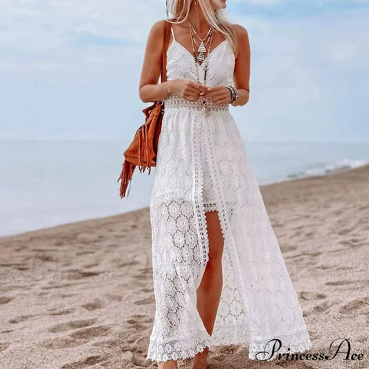 White Hollow Out Lace Strapless Seductive Split Midi Boho Dress White / XS bohodress-250126