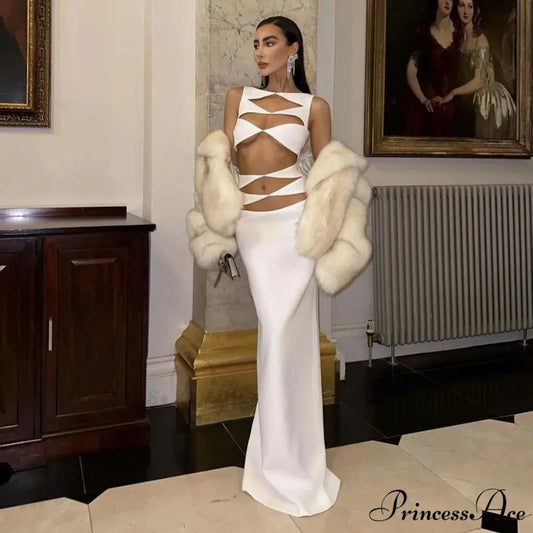 White Hollow Out Sleeveless Party Dress WHITE / S