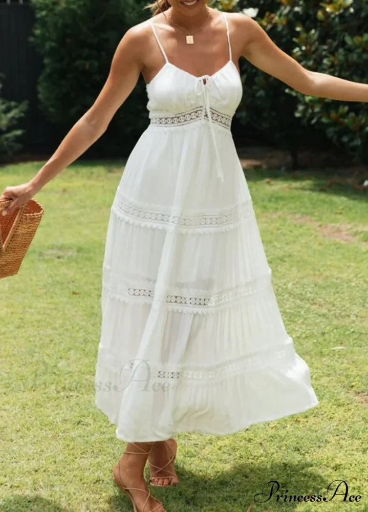 White Hollow Out Strapless Separated Sleeveless Maxi Boho Dress bohodress-250126