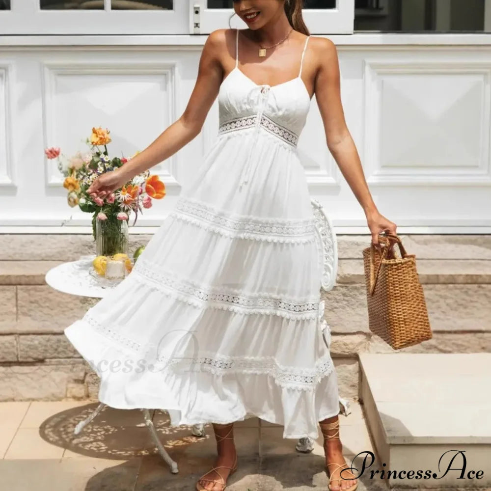 White Hollow Out Strapless Separated Sleeveless Maxi Boho Dress bohodress-250126