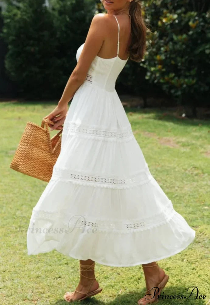 White Hollow Out Strapless Separated Sleeveless Maxi Boho Dress bohodress-250126
