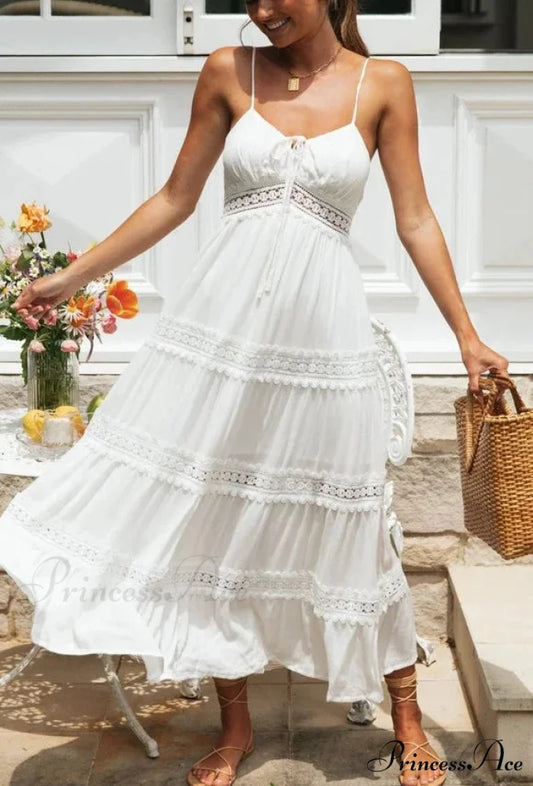 White Hollow Out Strapless Separated Sleeveless Maxi Boho Dress White / S bohodress-250126