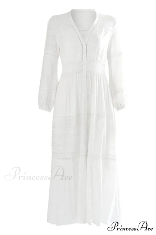 White Lace Button Down Maxi Dress with Floral Design