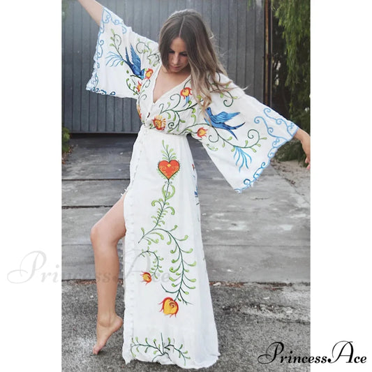 White Long Dress Cotton Floral Stitching Seductive V-neck Beach Dress Beige / S bohodress-250126