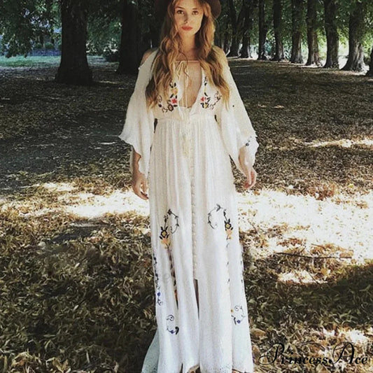 White Long Dress Deep Plunge-neck Floral Stitching Cotton Rayon Summer Dress WHITE / S bohodress-250126