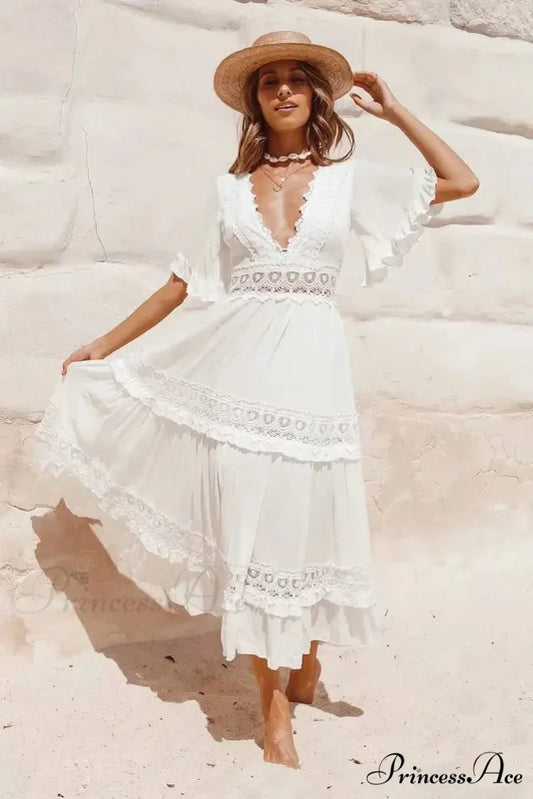 White Long Dress Hollow Waist Deep V-neck Dress White / S bohodress-250126