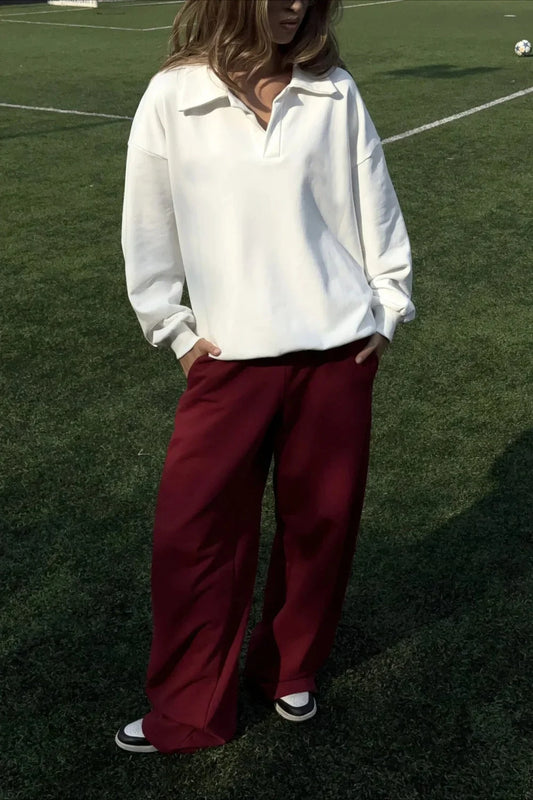 White Loose Top Elastic Red Pants Two Piece Set