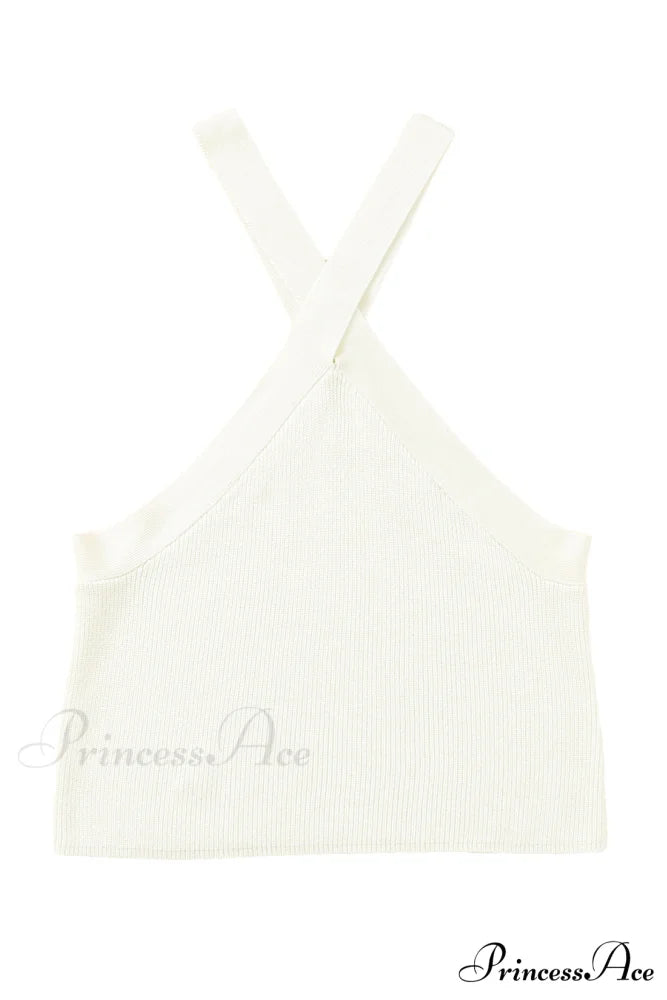 White Neck Knit Ribbed Halter Tank Cross Criss Top