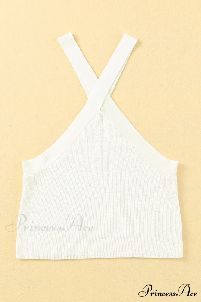 White Neck Knit Ribbed Halter Tank Cross Criss Top