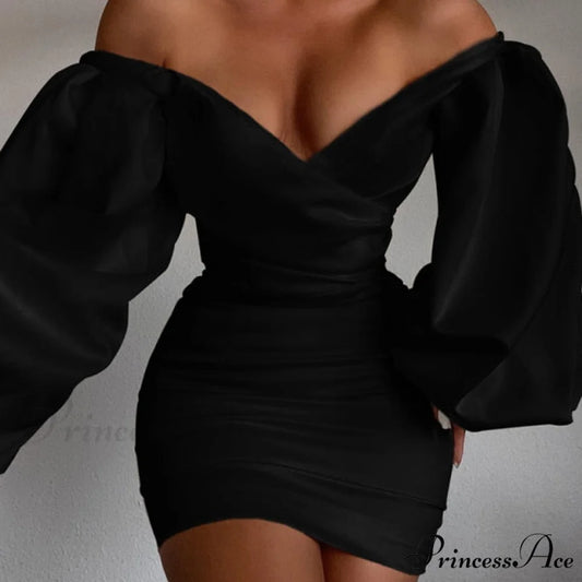 White Off Shoulder Puff Long Sleeve Satin Dress black / S