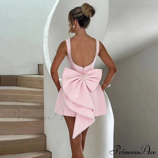 White Pearl Backless Party Dress Pink3 / XS